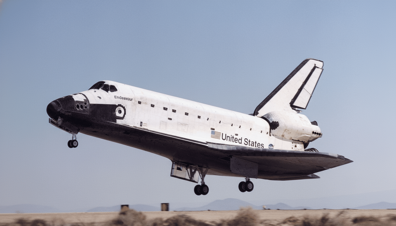 The Space Shuttle Endeavour shortly after lif toff, ascending against a clear blue sky .