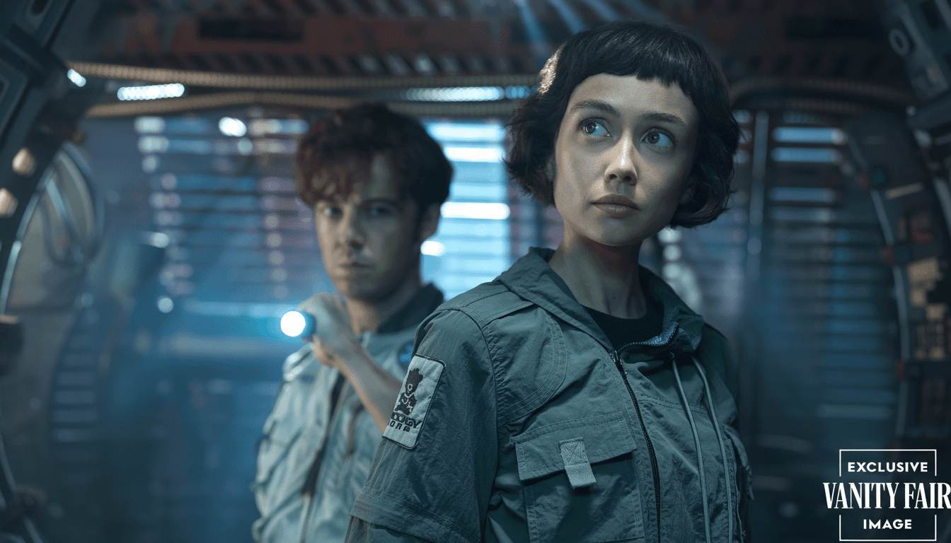 Two people in space suits inside a spaceship , one looking up thoughtfully and the other holding a flashlight.