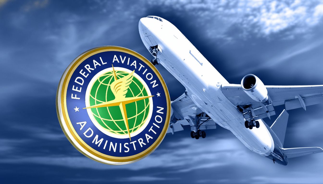 The Federal Aviation Administration logo is depicted in front of an airplane taking off with a dramatic blue sky as the background, resized to a 16: 9 aspect ratio.