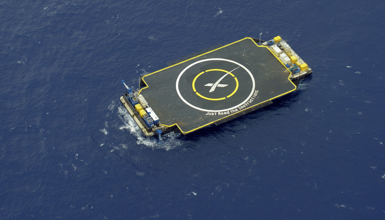 An aerial view of the Just Read the Instructions drone ship with a SpaceX logo on its hel ipad, floating in the ocean.