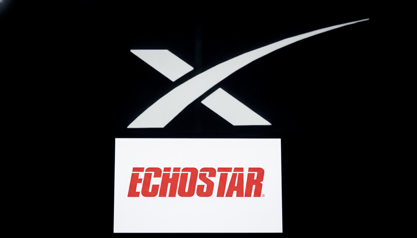 The SpaceX logo, a white X with a curved line, displayed above the red Echostar logo on a white background, both against a dark background.