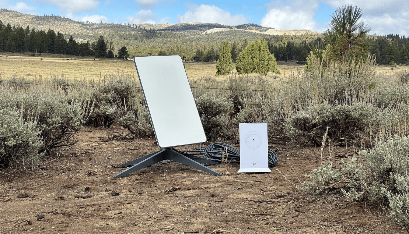 A Star link satellite dish and a calibration target on a stand are set up outdoors in a natural, open landscape with brush, trees, and hills under a p