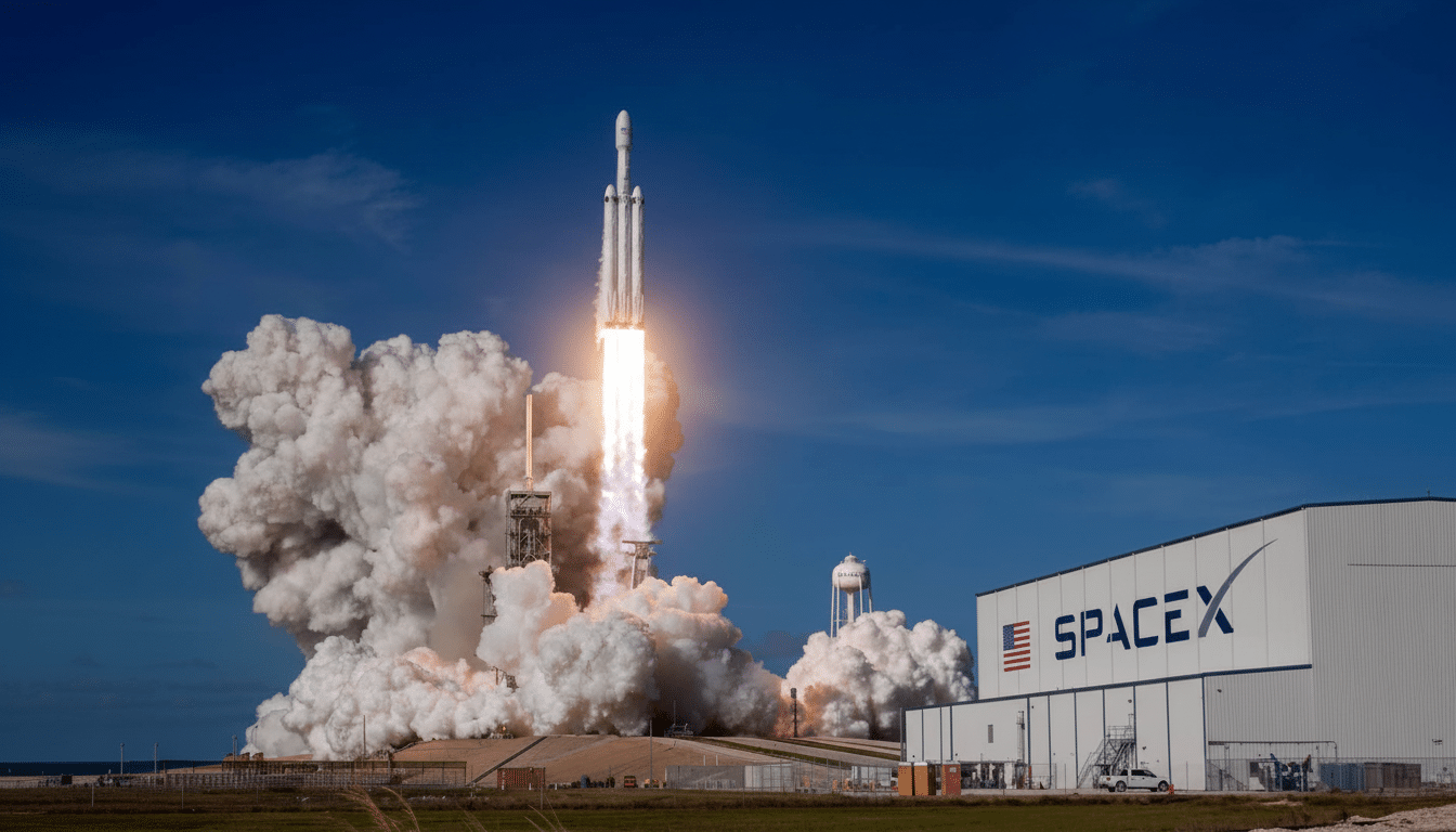 A SpaceX Falcon Heavy rocket launching from a launchpad , emitting a large plume of smoke and fire . The SpaceX logo is visible on a building to the right.