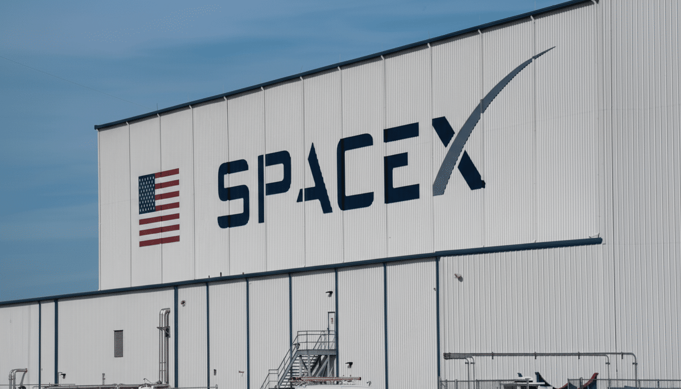 The SpaceX logo and an American flag painted on the side of a large, white corrugated building under a clear blue sky .