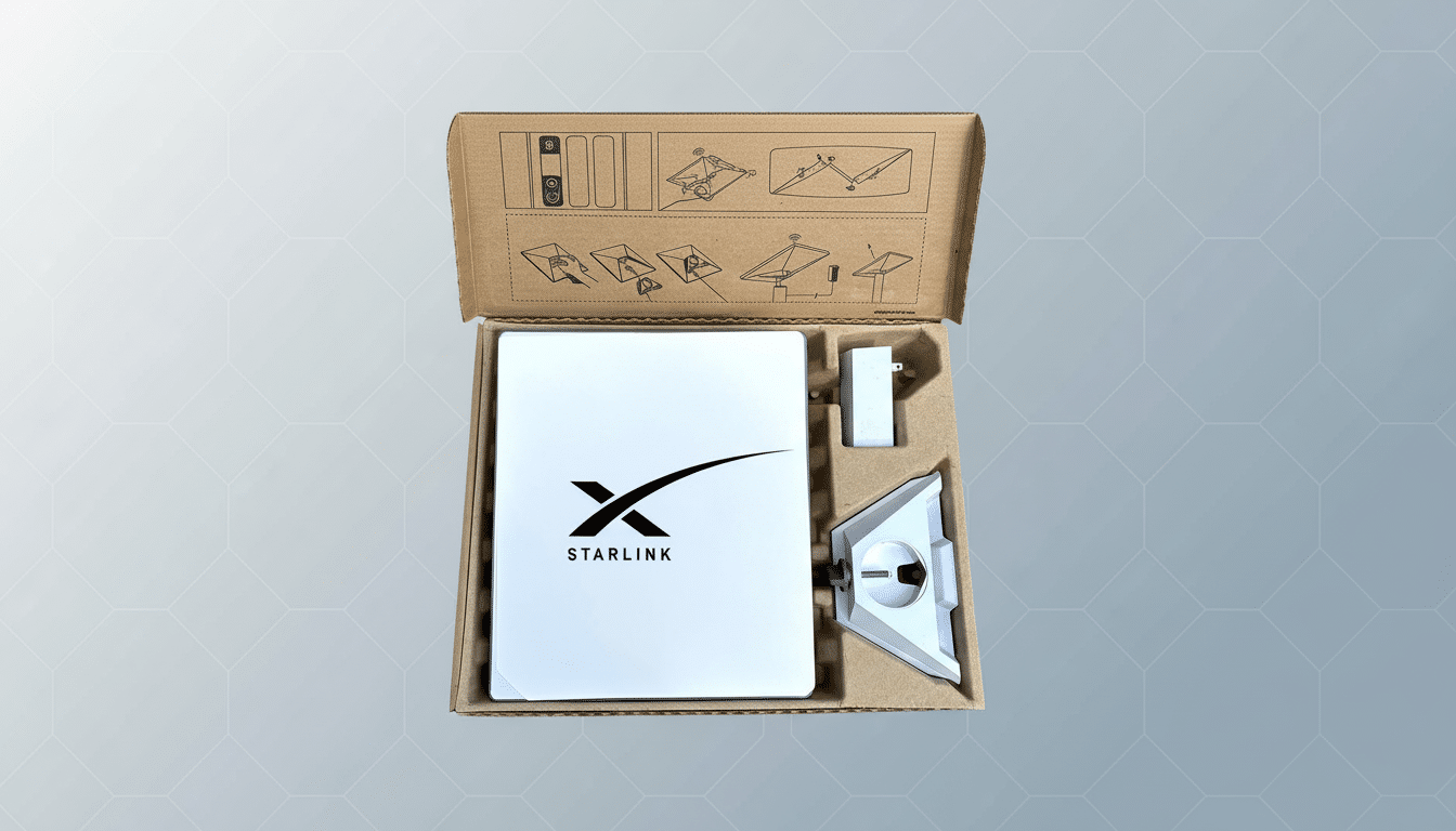 A Starlink satellite dish and accessories packaged in a cardboard box, presented on a professional flat design background with a subtle geometric patt