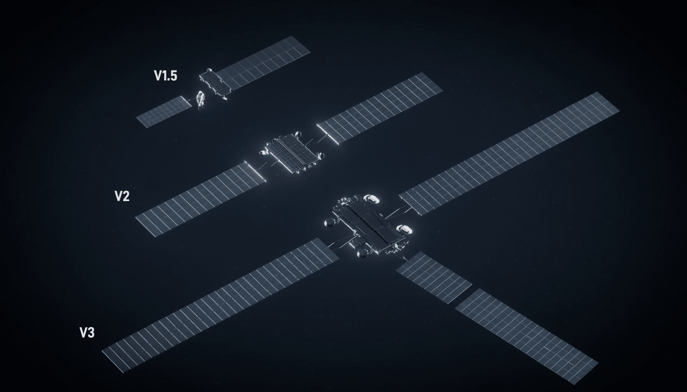 A professional image showing three generations of satellites (V1. 5, V2 , V 3) with solar panels extended , against a dark, slightly textured background.