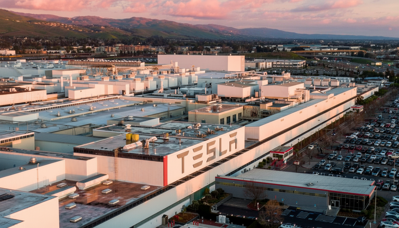 An aerial view of the Tesla factory complex at sunset, with the TESLA logo prominently displayed on one of the buildings.