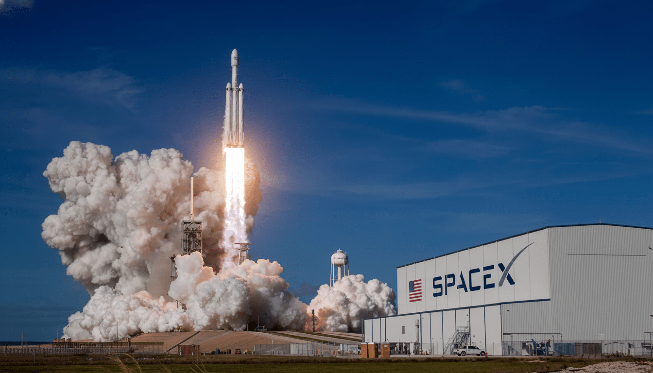A SpaceX Falcon Heavy rocket launching from a launchpad, emitting a large plume of smoke and fire against a clear blue sky, with a SpaceX building vis