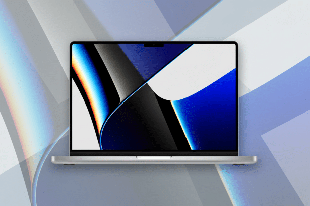 < span class=alt -text-description >A professional flat design showing a modern silver laptop with a vibrant abstract wallpaper on the screen, set against a subtle background of soft , interlocking grey and light blue geometric shapes with a hint of rainbow gradient on the left side, presenting a clean and polished look .