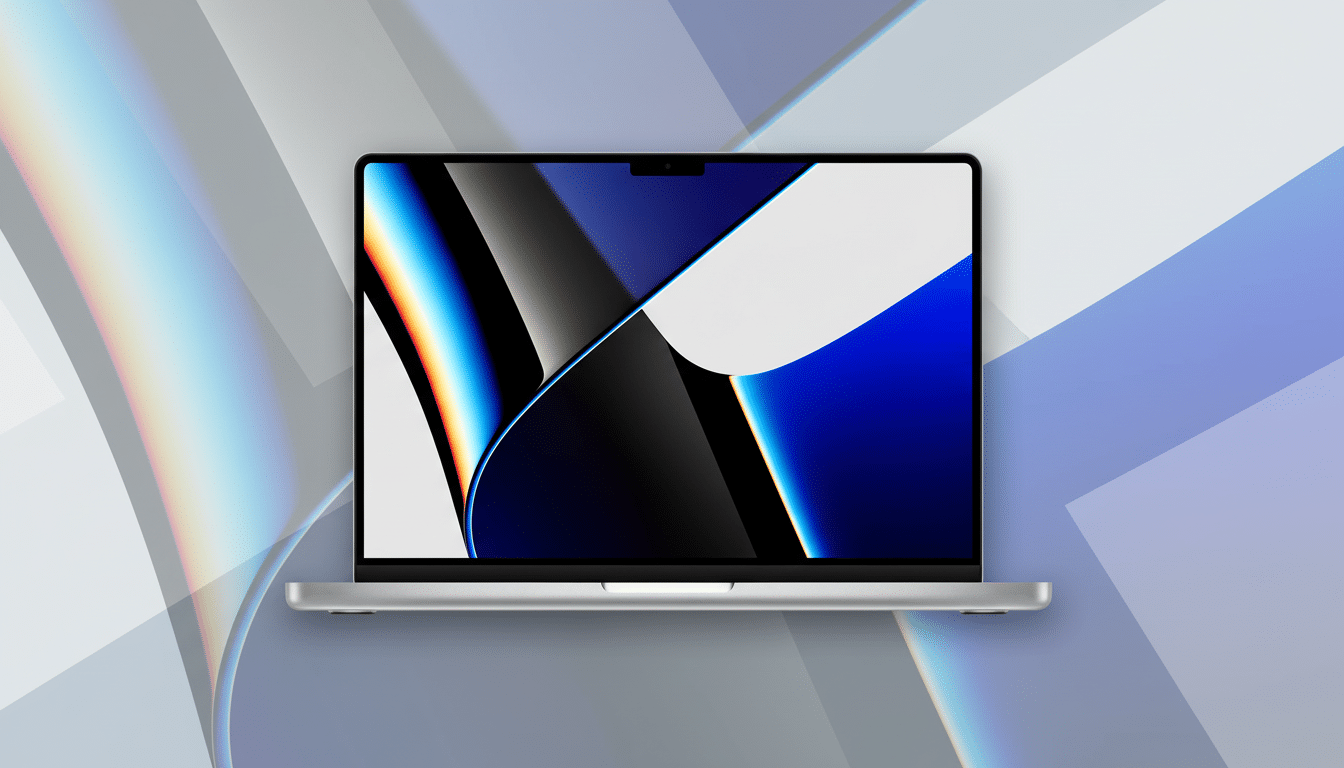 < span class=alt -text-description >A professional flat design showing a modern silver laptop with a vibrant abstract wallpaper on the screen, set against a subtle background of soft , interlocking grey and light blue geometric shapes with a hint of rainbow gradient on the left side, presenting a clean and polished look .