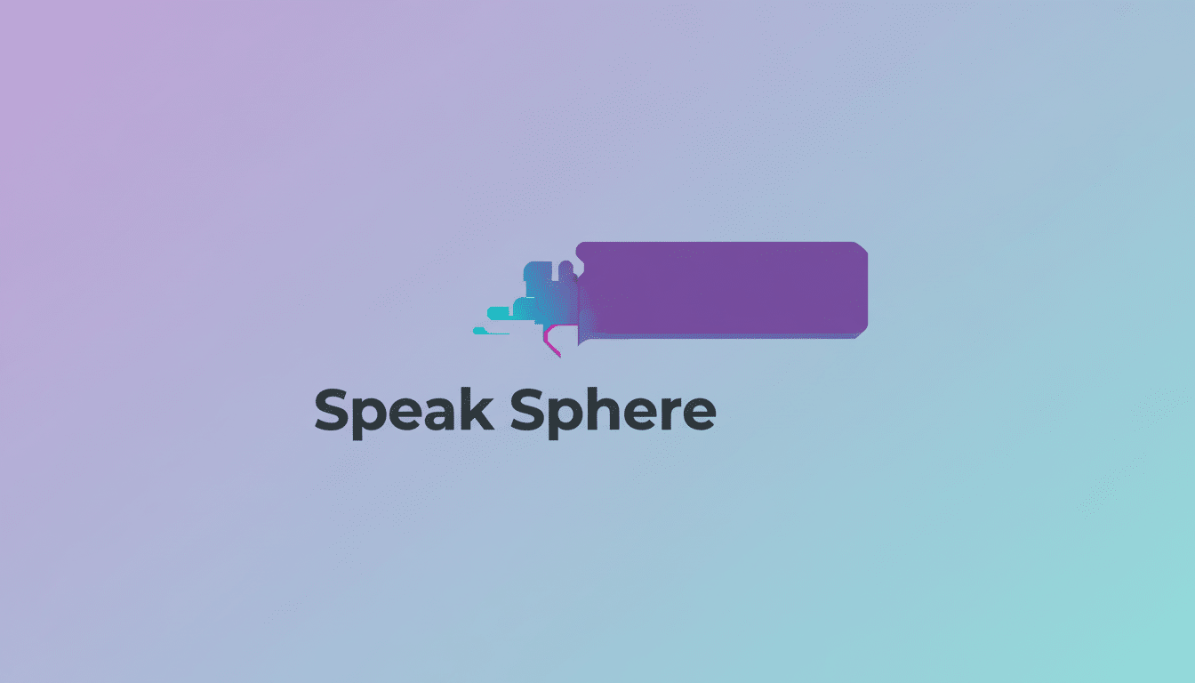 Speak Sphere logo with colorful speech bubble icon on a professional light gradient background.