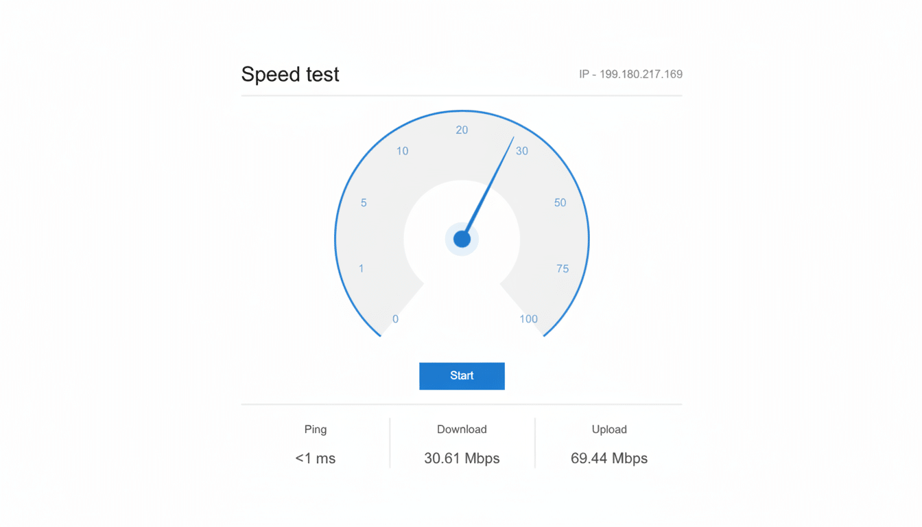 A speed test interface showing a download speed of 30.6 1 Mbps, an upload speed of 69. 44 Mbps, and a ping of less than 1 ms. The gauge indicates the