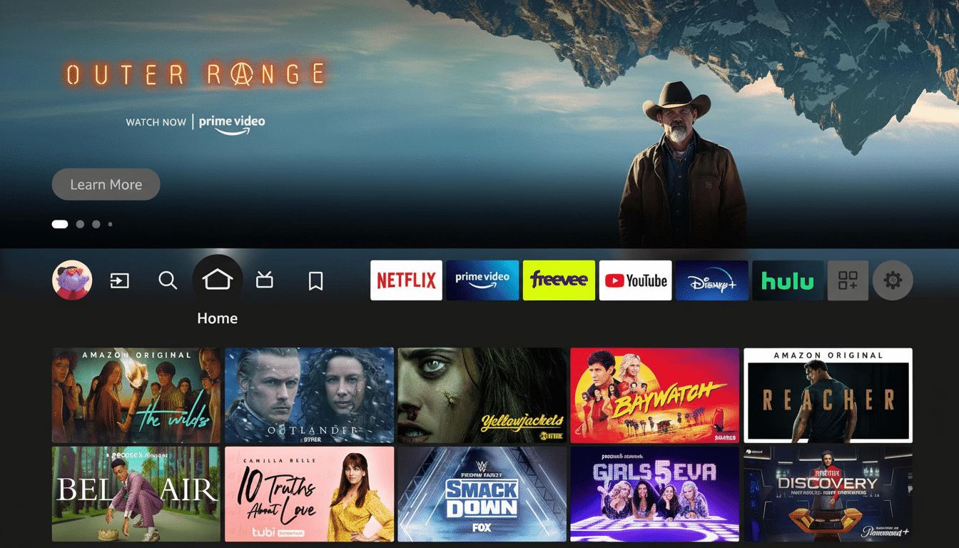 A screenshot of the Amazon Prime Video interface , showing a variety of TV shows and movies, with Outer Range featured prominently at the top .