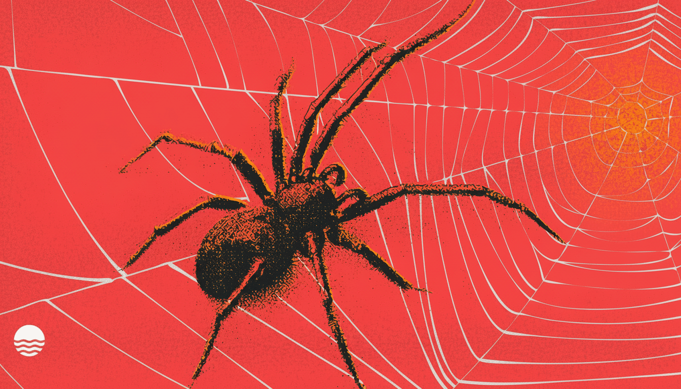 A professional , enhanced image of a spider on a web against a red background, resized to a 16: 9 aspect ratio, maintaining its original style and elements.