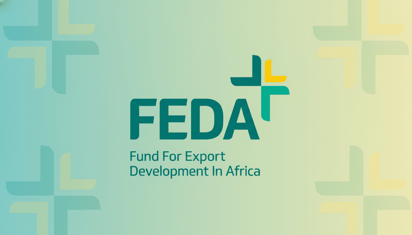 The F EDA logo, which stands for Fund For Export Development In Africa , is presented on a soft gradient background transitioning from a light teal to a pale yellow. The logo itself consists of the bold , teal word F EDA with a stylized plus sign to its right. The plus sign is composed of four L -shaped segments in shades of teal, green , and yellow, resembling a compass or a cross . Below the main logo, the full name Fund For Export Development In Africa is written in a smaller, sans -serif font, also in teal. The background also features a subtle, repeating pattern of the stylized plus sign, faded into the gradient .