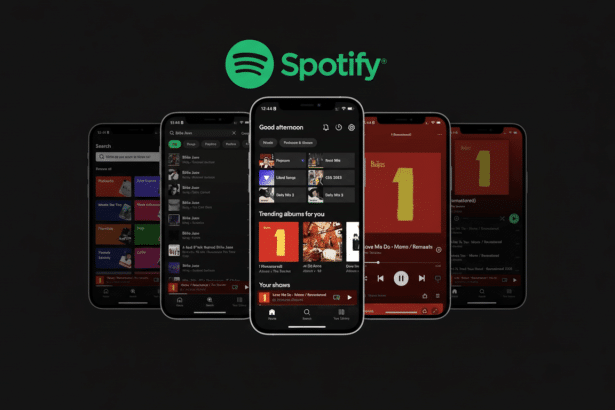 A professional 16:9 aspect ratio image of five iPhones displaying the Spotify app interface , with the Spotify logo prominently featured at the top.
