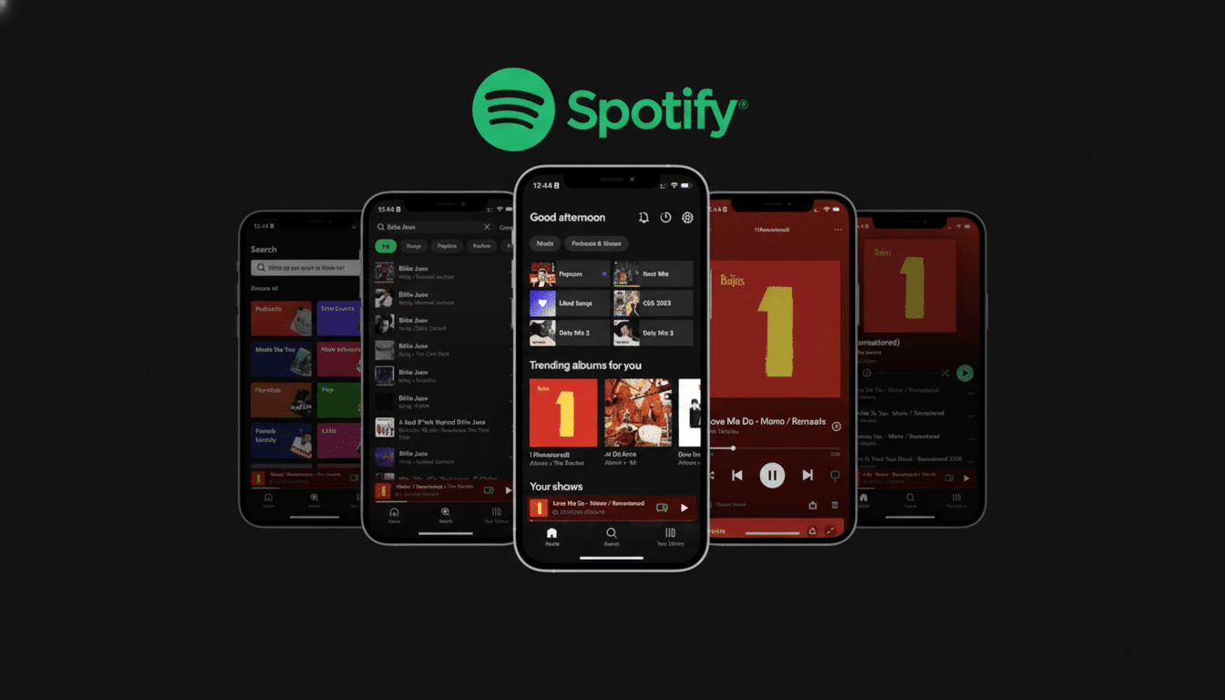 A professional 16:9 aspect ratio image of five iPhones displaying the Spotify app interface , with the Spotify logo prominently featured at the top.