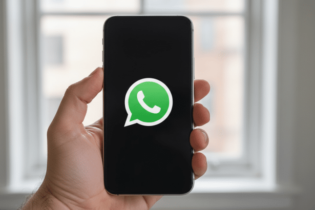 A hand holding a smartphone displaying the WhatsApp logo on its screen.