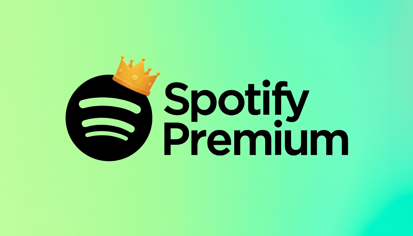 The Spotify Premium logo features a black circle with three curved lines representing sound waves, topped with a golden crown, next to the text Spotif