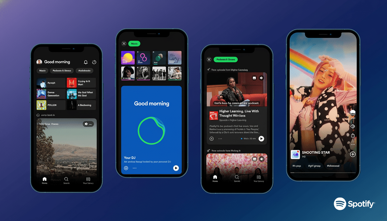 A professional display of four iPhones showing various Spotify app screens, including music , podcasts, and video content , against a blurred gradient background. Filename : spotifyapp display .png