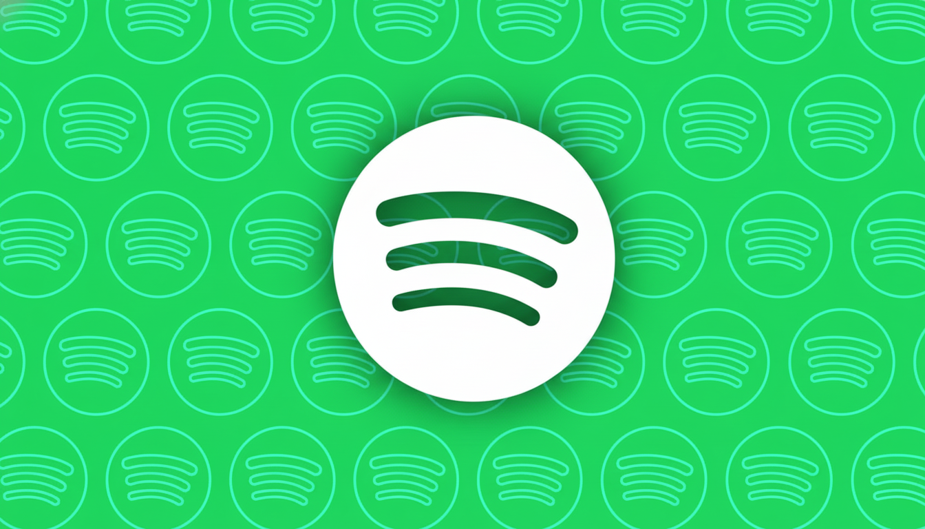 The Spotify logo, a white circle with three curved green lines, centered on a vibrant green background patterned with lighter green outlines of the Spotify logo.