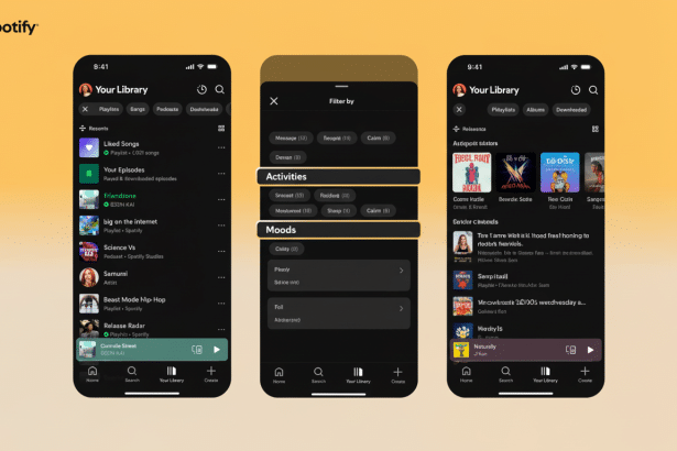 A professional , enhanced image of the Spotify app interface across three mobile screens , resized to a 16: 9 aspect ratio, showcasing features like ' Your Library,' ' Filter by Activities , Moods, Genres ,' and a ' Chill' playlist. The original background and app elements are preserved .