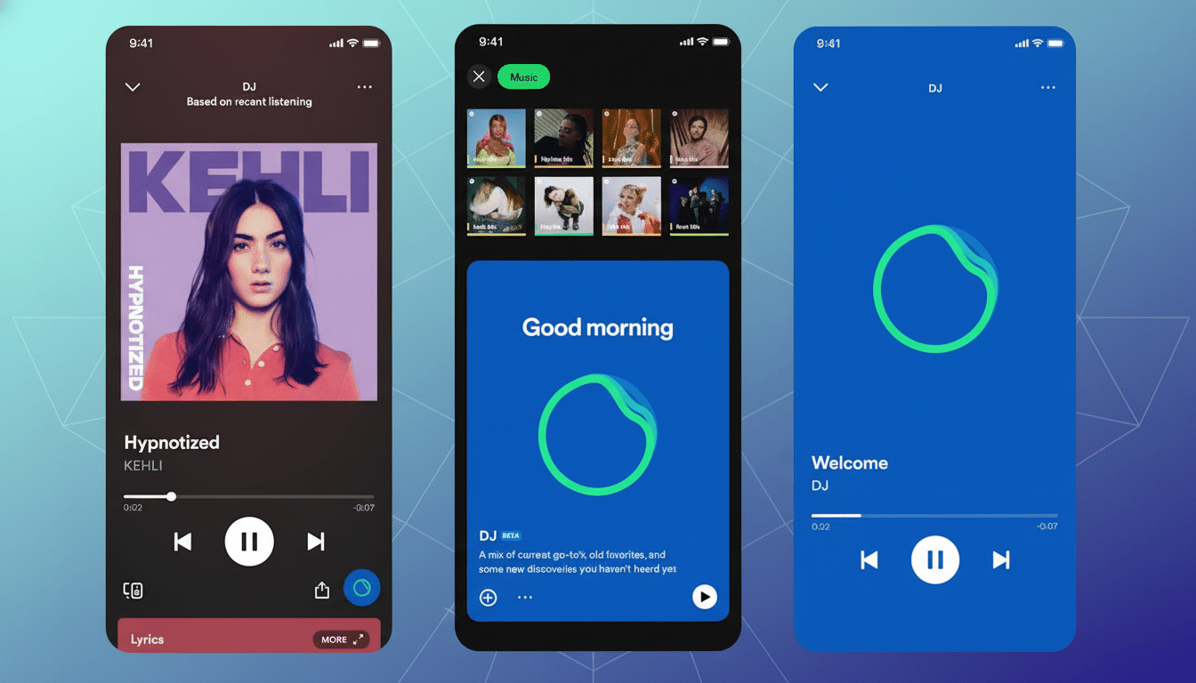 A professional 16:9 aspect ratio image showing three mobile phone screens displaying the Spotify app 's DJ feature . The left screen shows a song playing with album art featuring a woman . The middle screen shows music recommendations and a  Good morning message . The right screen shows a welcome screen for the DJ feature with a circular waveform animation . The background is a professional flat design with soft patterns. Filename : spotifydj featurescreens .png