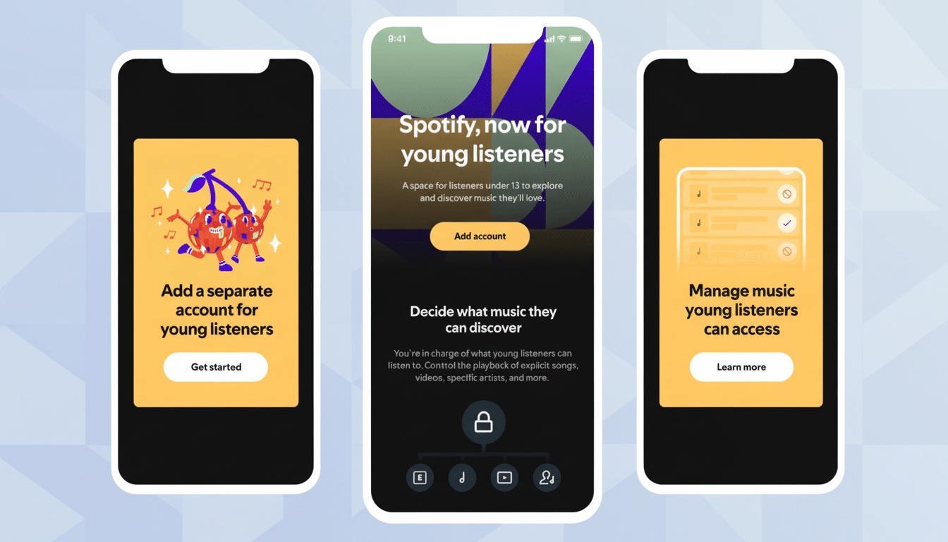 Three mobile phone screens displaying the Spotify app interface for young listeners, with the central screen showing the ' Spotify, now for young listeners' introduction and an 'Add account' button. The left screen shows 'Add a separate account for young listeners' and the right screen shows 'Manage music young listeners can access.' The phones are presented against a professional flat design background with a soft gradient and subtle geometric patterns. Filename : spotifyyoung listenersapp . png
