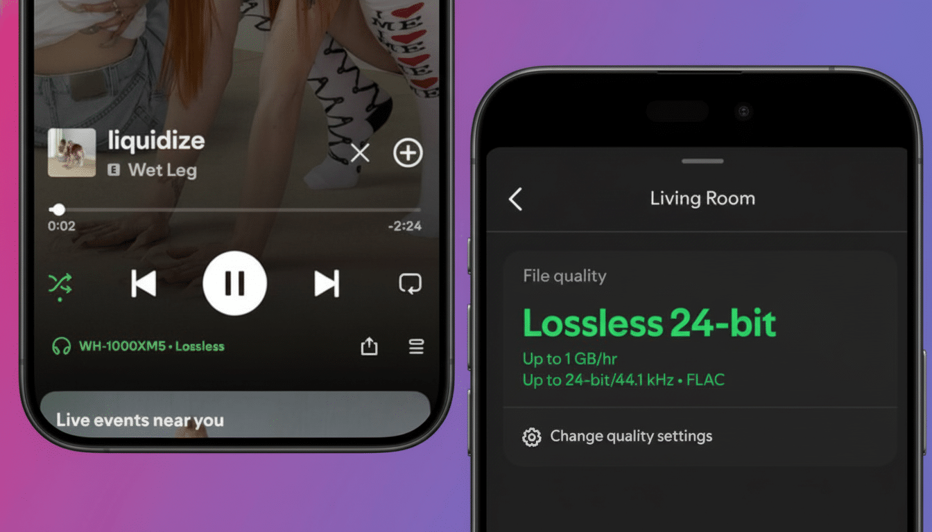 Two smartphones displaying music streaming interfaces, with one showing a Lossless 2 4-bit audio quality setting.
