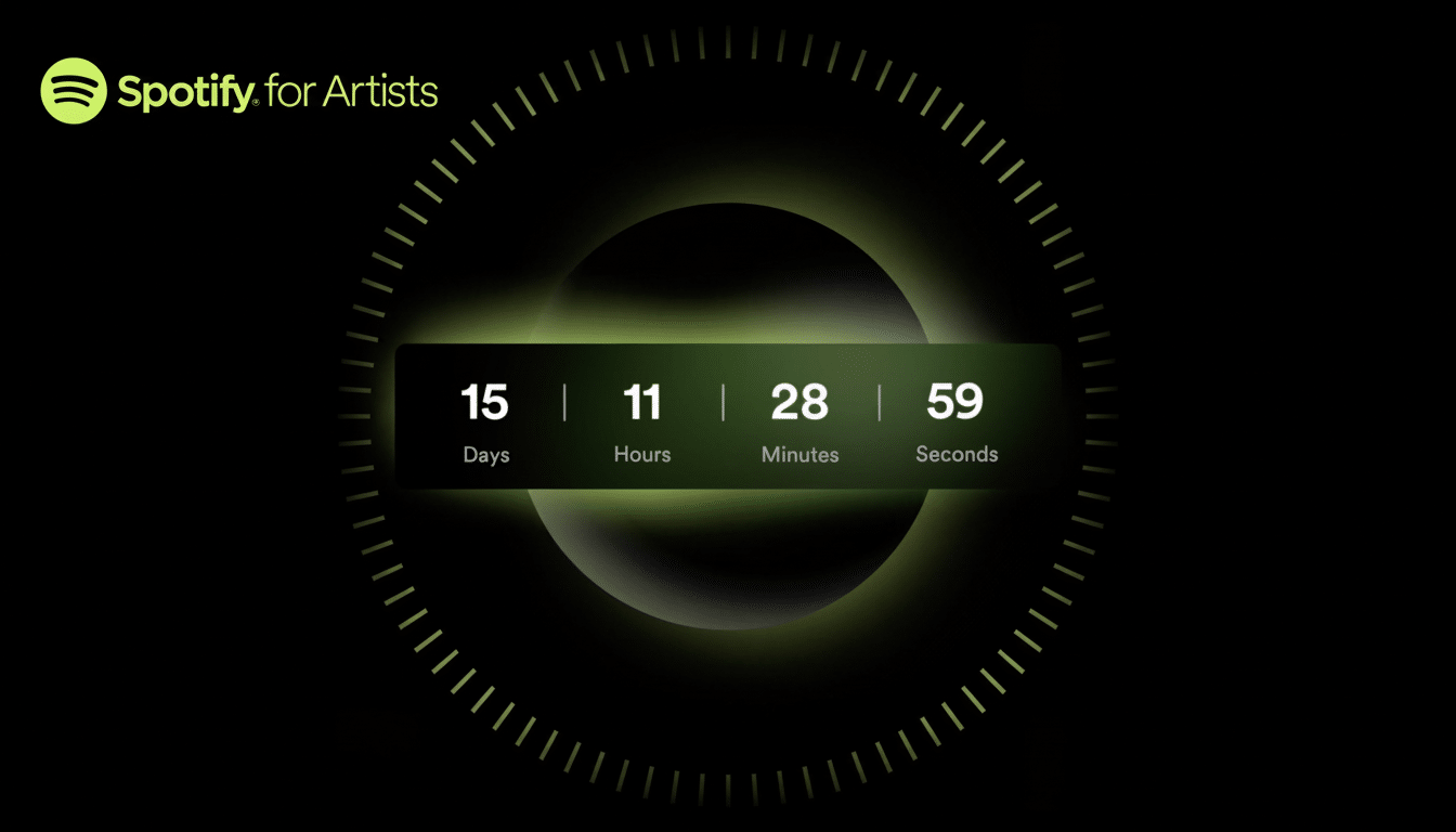 A dark image featuring the Spotify for Artists logo and a countdown timer showing 15 Days | 11 Hours | 2 8 Minutes | 59 Seconds in a sleek, digital de