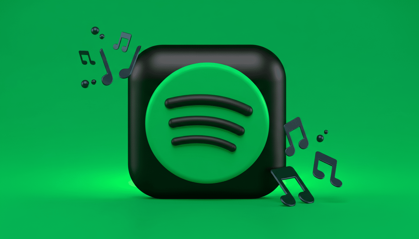 The Spotify app icon, a black square with rounded corners and a bright green circle containing three horizontal black lines, is centered on a vibrant