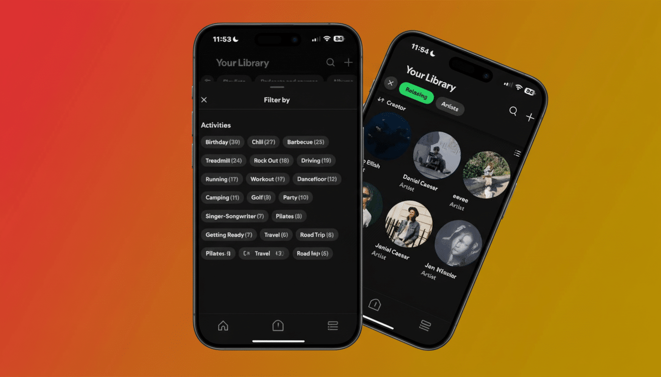 Two iPhones displaying the Spotify  Your Library interface , one showing filter options like activities and genres , the other showing filtered artists and playlists .