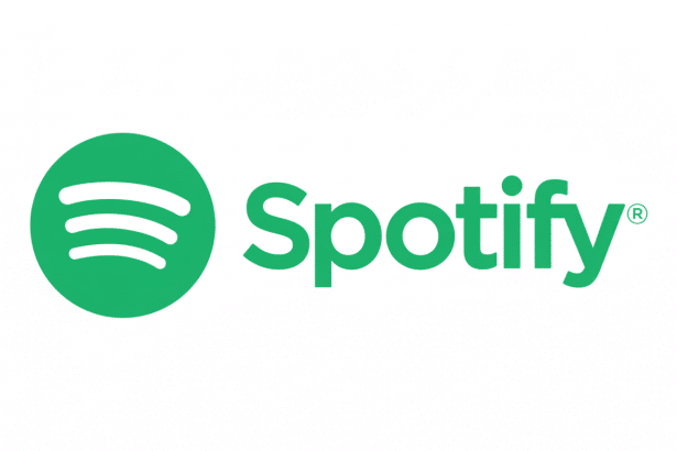 The Spotify logo, featuring a green circle with three white curved lines resembling sound waves to the left, and the word Spotify in green text with a registered trademark symbol to the right, all presented on a clean white background. Filename : spotifylogo enhanced .png