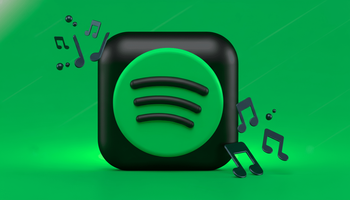 A 3D rendered Spotify logo in black and green, surrounded by floating musical notes, presented on a vibrant green background.