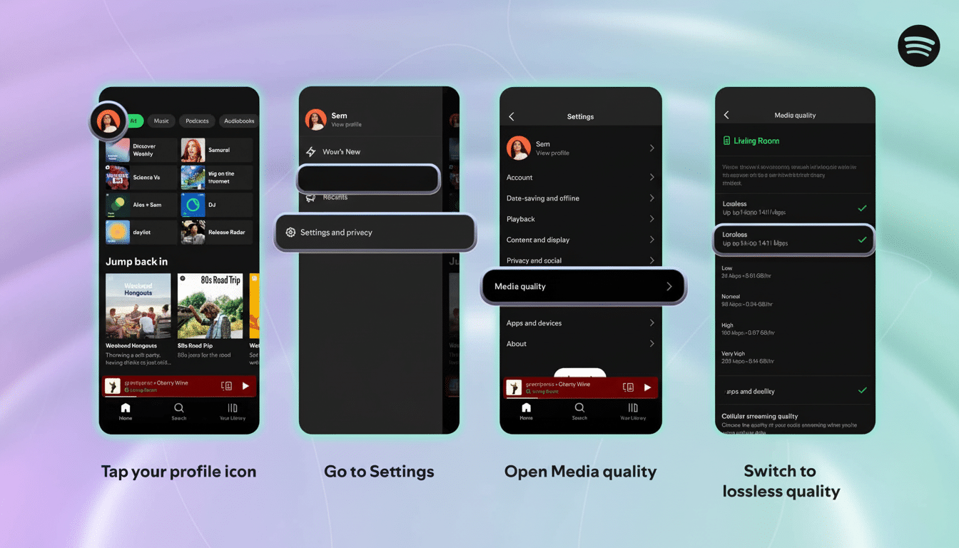 A four-step guide on how to enable lossless audio quality in the Spotify app, showing screenshots of the app s interface.
