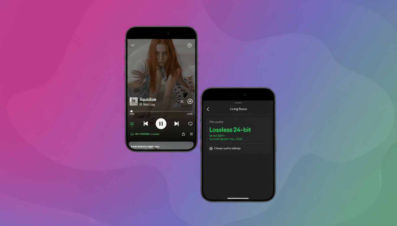 Two smartphones displaying music streaming interfaces, with one showing a song playing and the other showing lossless 24- bit audio quality settings.