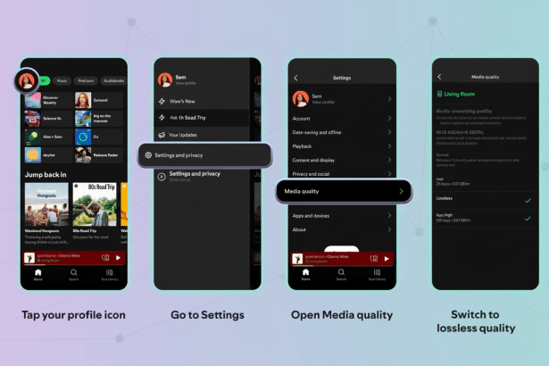 Four mobile screens illustrating how to switch to lossless quality on Spotify, with text instructions Tap your profile icon, Go to Settings, Open Medi