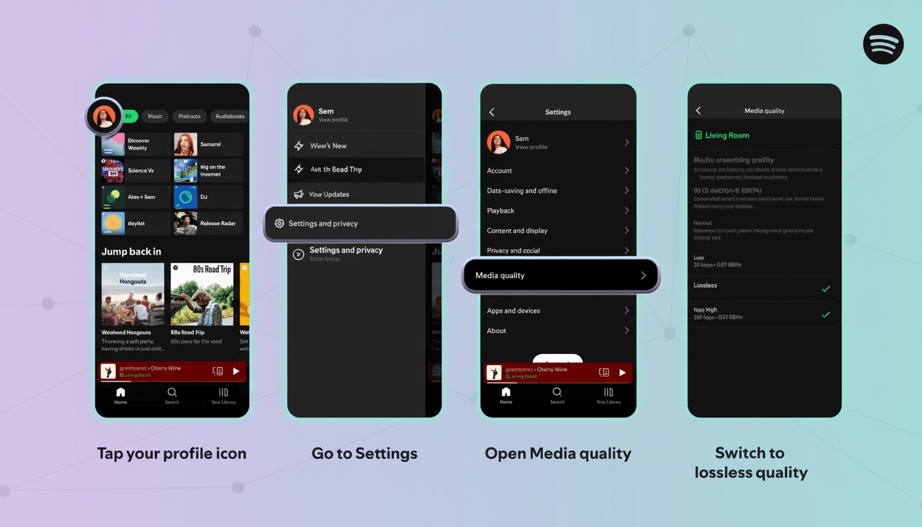 Four mobile screens illustrating how to switch to lossless quality on Spotify, with text instructions Tap your profile icon, Go to Settings, Open Medi