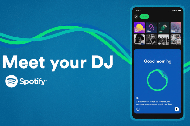 A professional 16:9 image of the Spotify Meet your DJ promotional graphic , featuring the Spotify logo and text alongside a smartphone displaying the Spotify app interface with the Good morning and DJ sections highlighted .