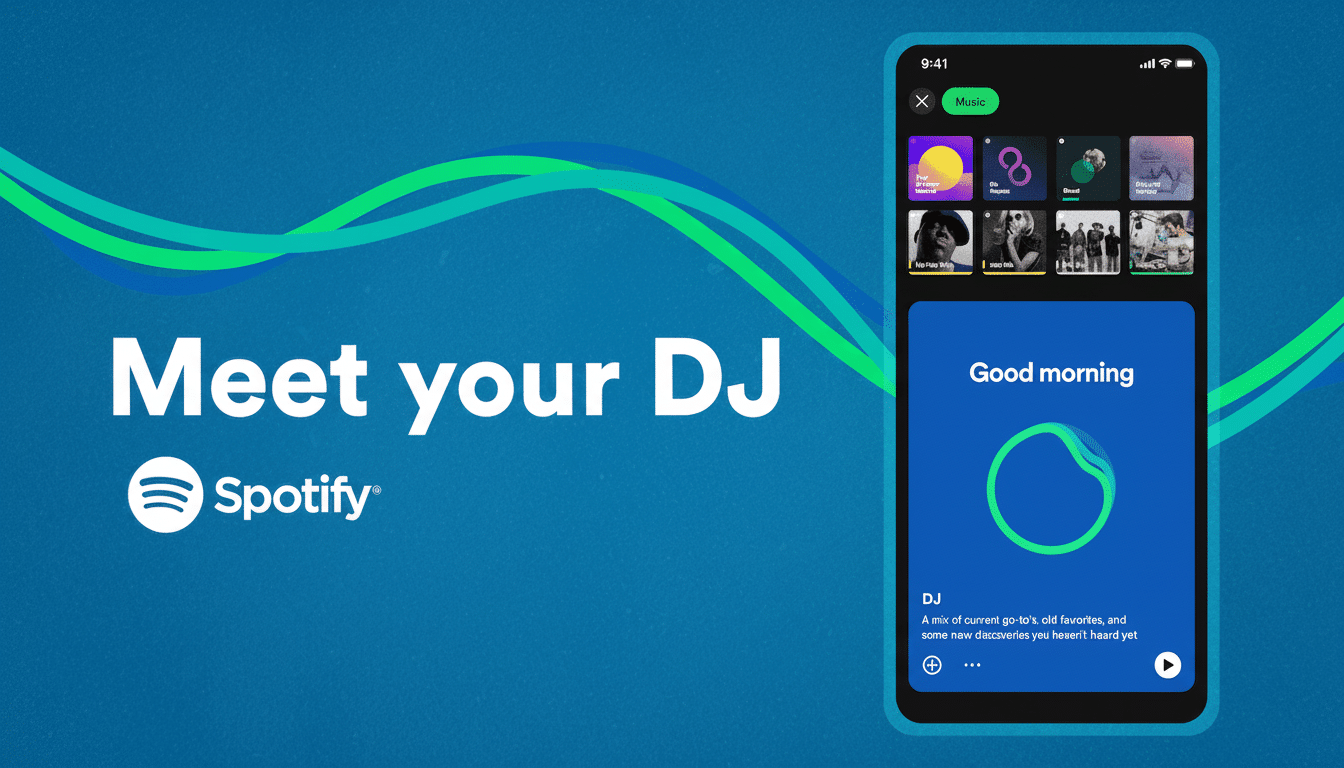 A professional 16:9 image of the Spotify Meet your DJ promotional graphic , featuring the Spotify logo and text alongside a smartphone displaying the Spotify app interface with the Good morning and DJ sections highlighted .