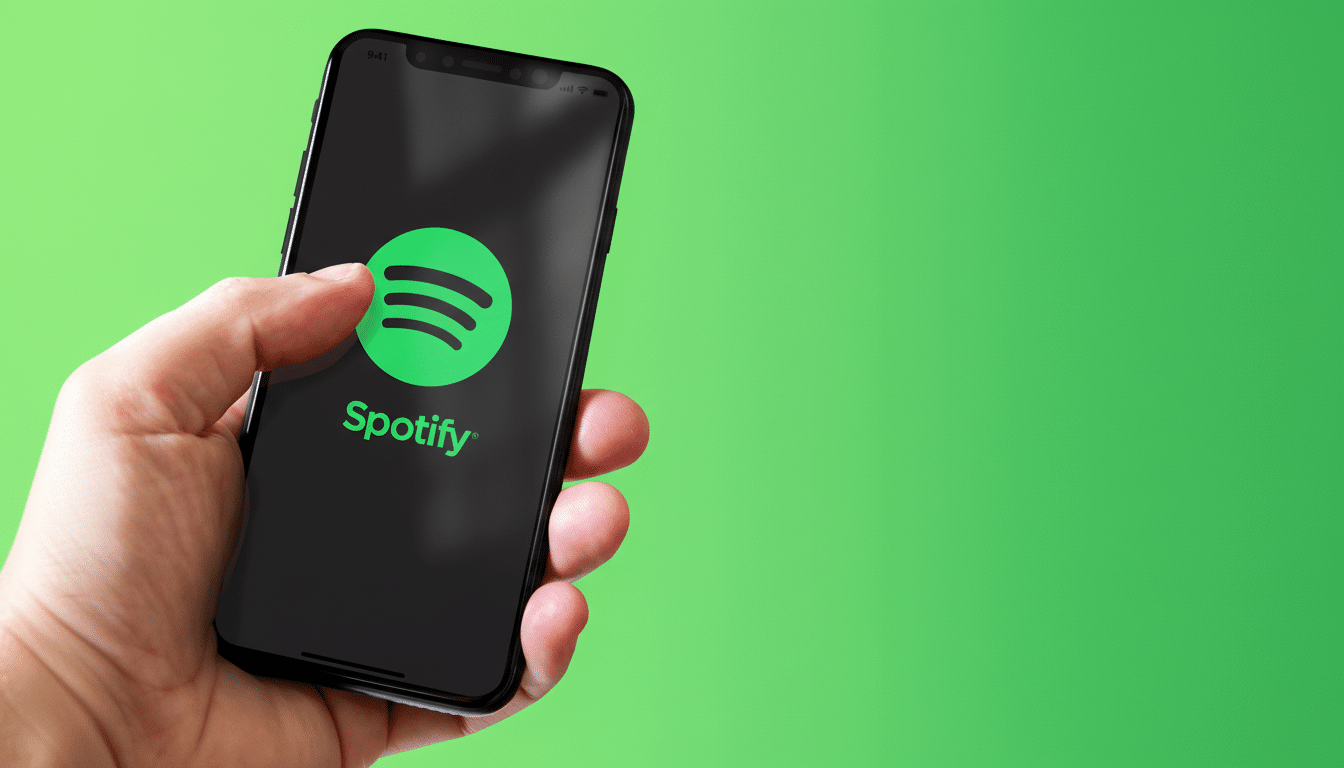 A hand holding a smartphone displaying the Spotify logo and name on a black screen, set against a vibrant green background, resized to a 16: 9 aspect