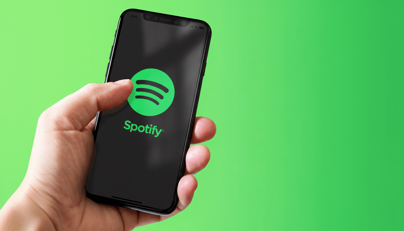 A hand holding a smartphone displaying the Spotify logo and name on a dark screen , set against a solid green background, resized to a 16: 9 aspect ratio.