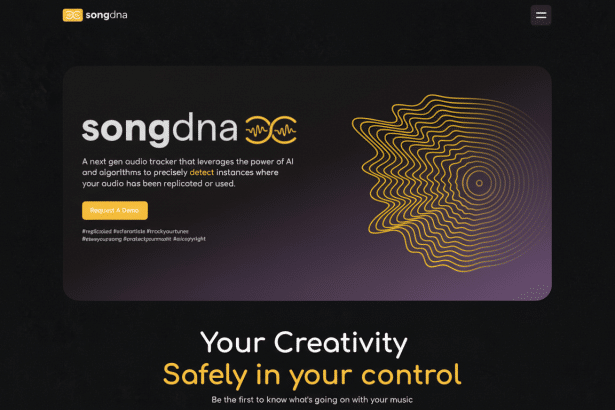 The Song dna website interface with its logo, a description of its audio tracking service , a Request A Demo button, and a prominent yellow waveform graphic , all presented against a dark, textured background. Filename : songdna websiteinterface 169 . png