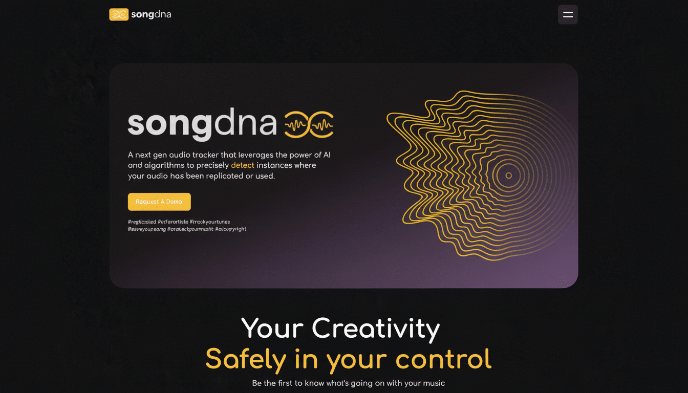 The Song dna website interface with its logo, a description of its audio tracking service , a Request A Demo button, and a prominent yellow waveform graphic , all presented against a dark, textured background. Filename : songdna websiteinterface 169 . png