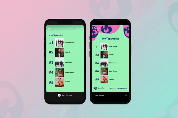 Two smartphone screens displaying Spotify' s Your Top Artists and My Top Artists lists , with a pink and blue gradient background with soft patterns. Filename : spotifytop artistsscreens .png