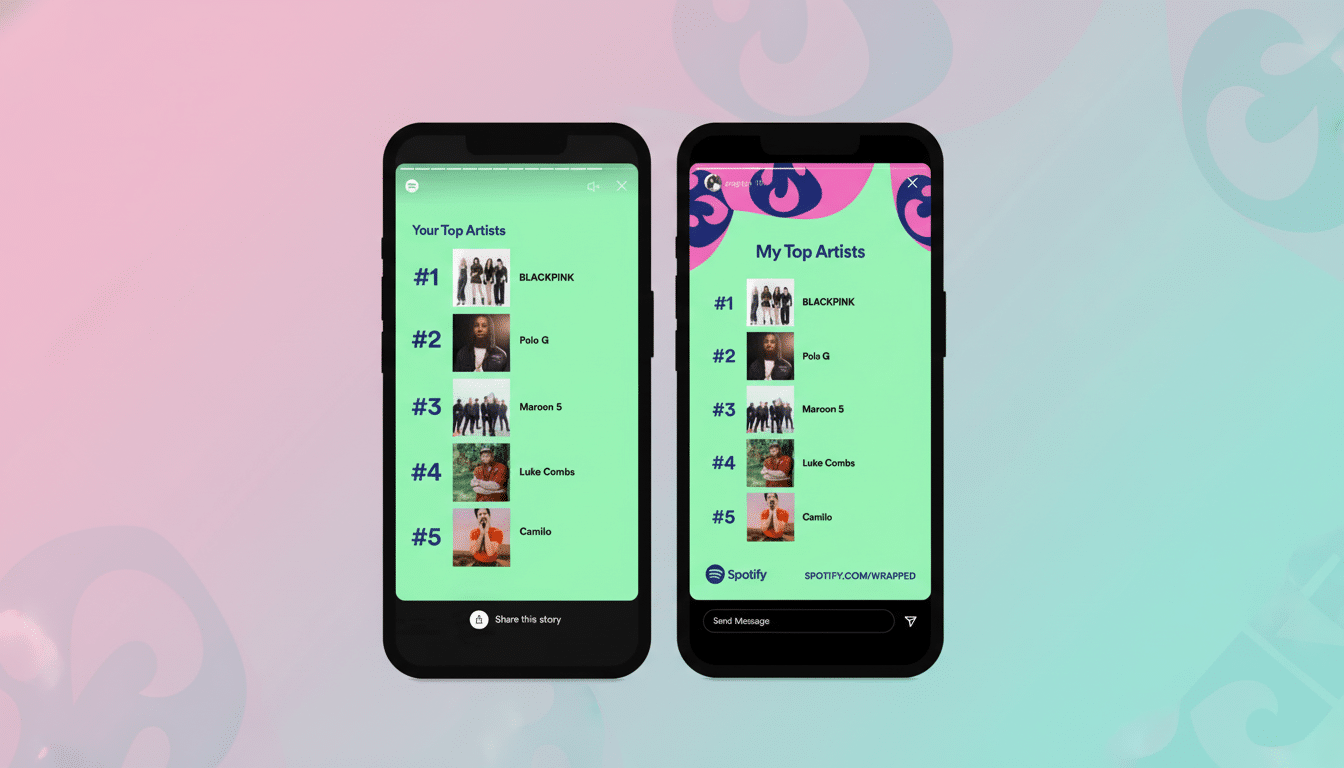 Two smartphone screens displaying Spotify' s Your Top Artists and My Top Artists lists , with a pink and blue gradient background with soft patterns. Filename : spotifytop artistsscreens .png
