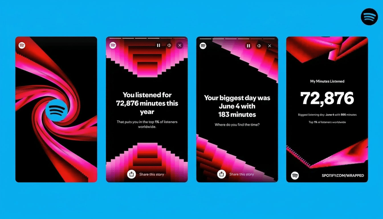 A 16:9 aspect ratio image of Spotify Wrapped 2 023 showing listening statistics, presented professionally .