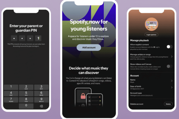 Three mobile phone screens displaying Spotify 's interface for young listeners, including PIN entry, account setup , and parental control settings. Filename : spotifyyoung listenersinterface .png