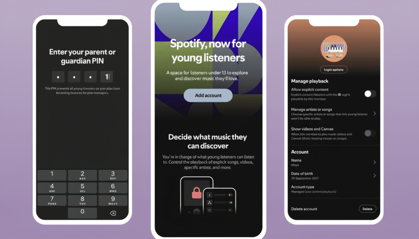 Three mobile phone screens displaying Spotify 's interface for young listeners, including PIN entry, account setup , and parental control settings. Filename : spotifyyoung listenersinterface .png