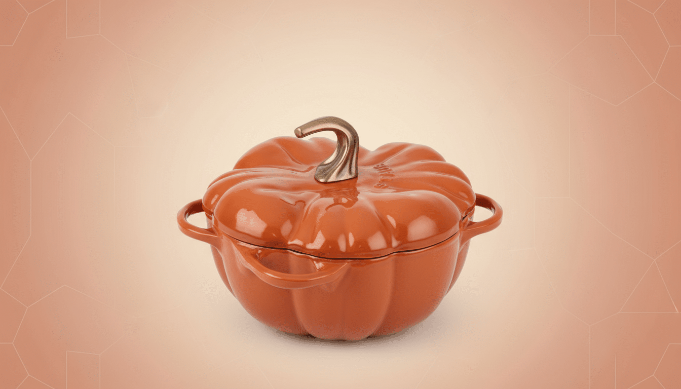 A professional 16: 9 image of an orange pumpkin -shaped Staub coc otte with a brass handle, set against a soft, pe achy gradient background with subtl